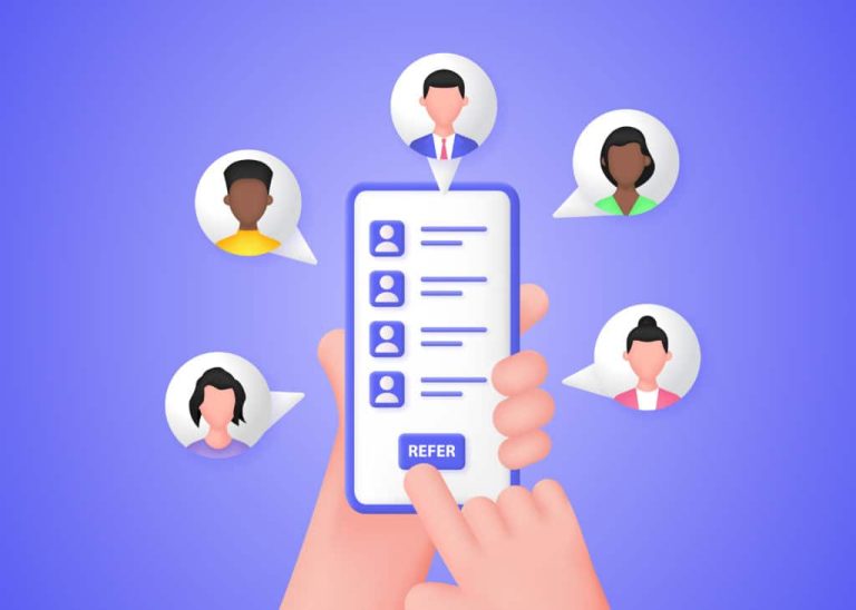 Refer a friend concept. Hands hold a smartphone with contacts of friends. Earnings on an affiliate or referral program.