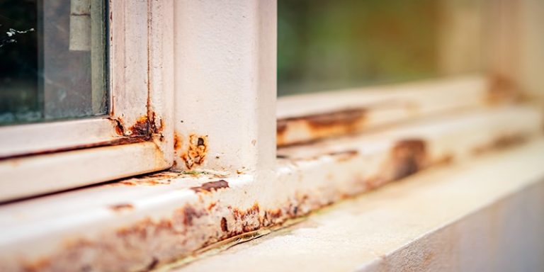 Close up of rust on an old white iron window in the corner of th